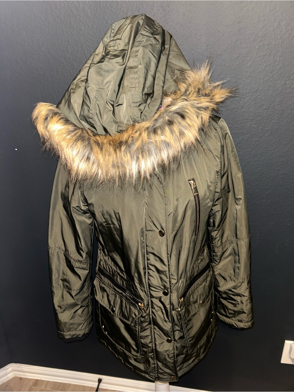 Atmosphere Olive Green Hooded Parka with Faux Fur Trim